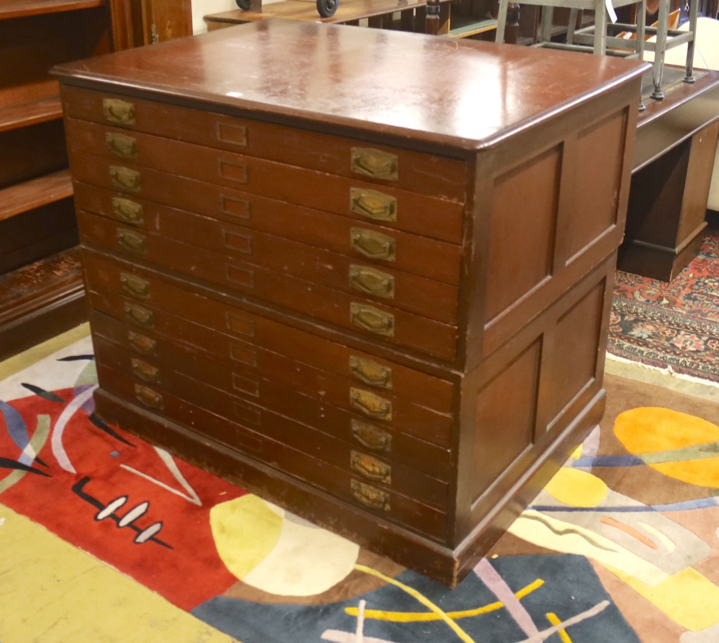 An early 20th century mahogany and beech ten drawer plan chest, length 128cm, depth 91cm, height 108cm
